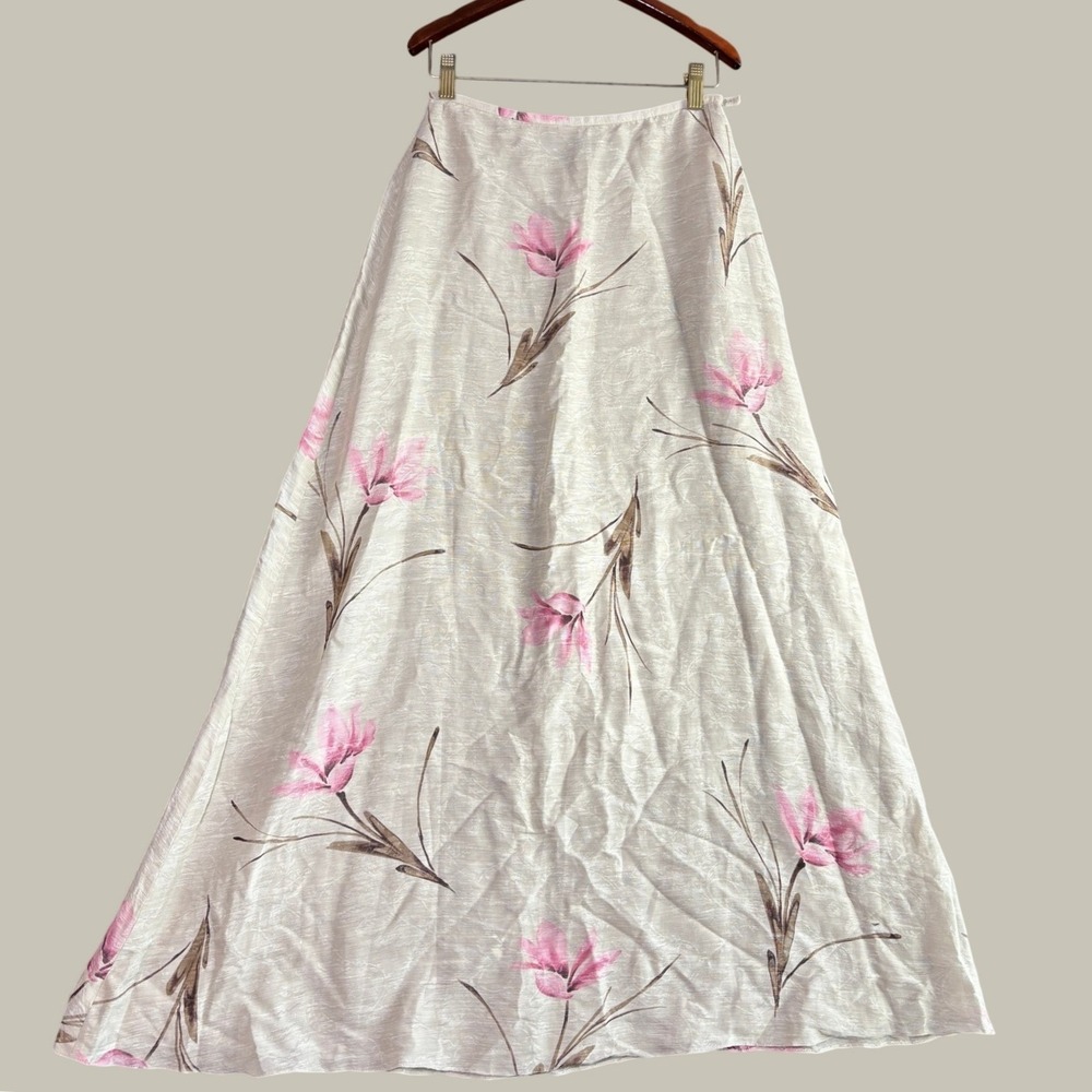 Dana Buchman Maxi Skirt 2 Cream Silk Linen Floral A-Line Cottagecore Vtg Earthy